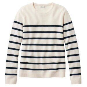 L.L. Bean Classic Cashmere Crewneck Sweater Ivory Blue Stripe